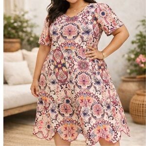 Lane Bryant Pink Floral Midi Dress with V-Neck and Cute Scalloped hem. 18